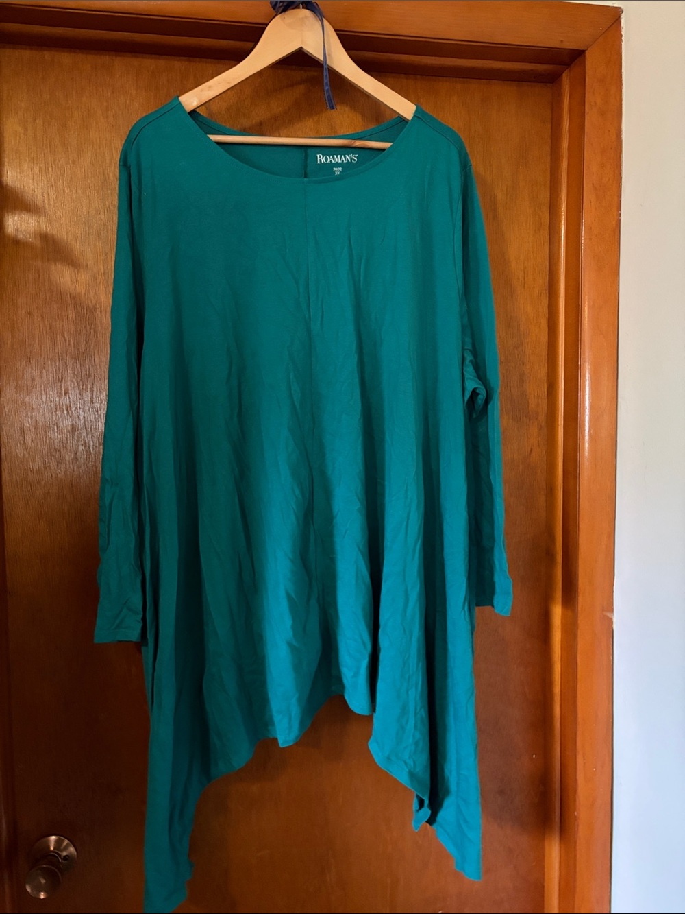 Roaman's Teal Handkerchief Hem Long-Sleeve Tunic